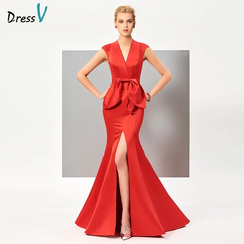 V neck evening dress with sleeves for women