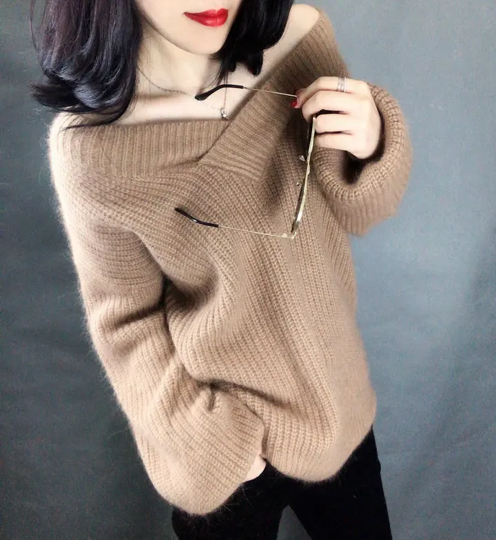 Женский осенний свитер с v-образным вырезом, вязаный кашемировый Женский пуловер с рукавом-фонариком, однотонный Элегантный женский пуловер