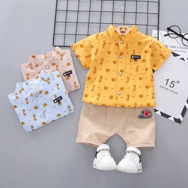 

New Summer Casual Children's Short Sleeve Suit Cartoon Animal Standing Collar Shirt Short Sleeve Shorts Children's Suit
