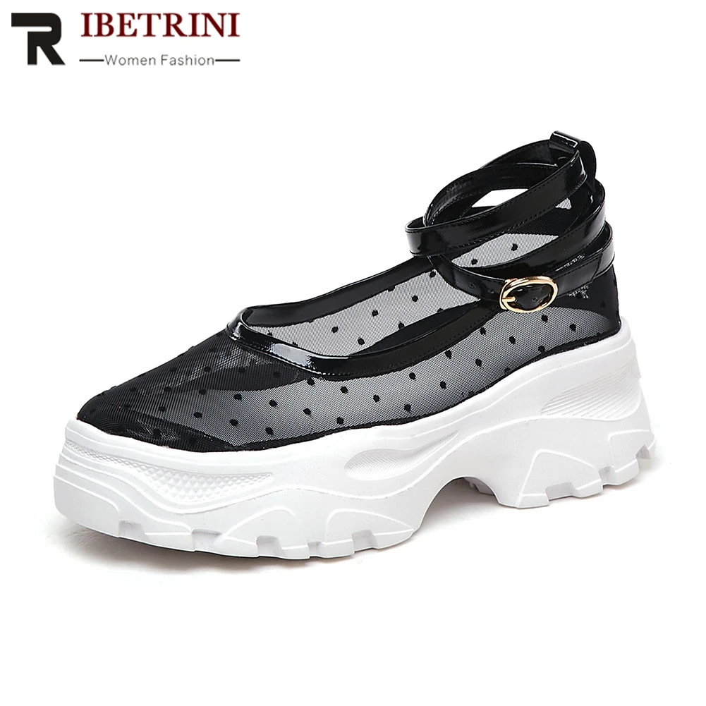 

RIBETRINI Brand New women's Patent Genuine Leather Mesh Ladies Polka Dot Shoes Woman Casual Party Summer Autumn Flats 2019