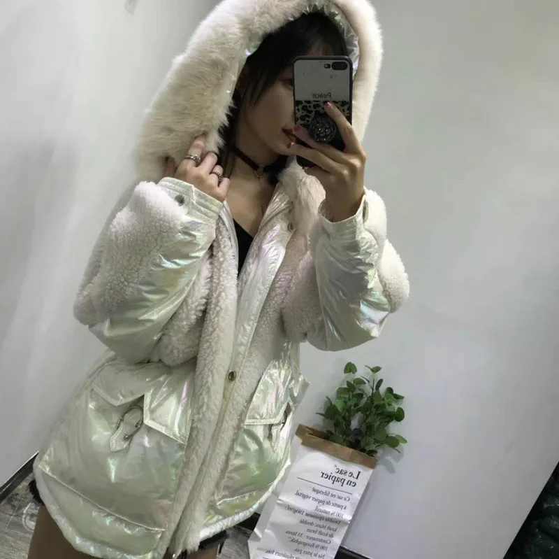 White duck down jacket sheep fur winter coat women new fashion wool blends hooded with natural geniune fox fur parka