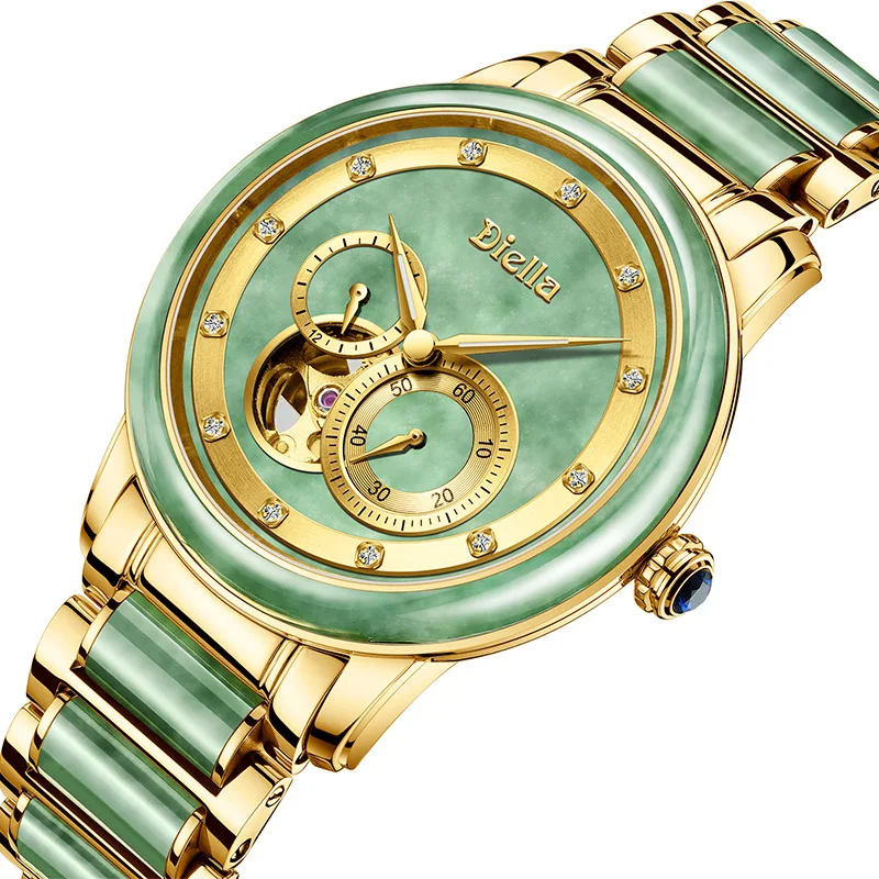 

Hetian Jade Automatic Mechanical Watch Men Stop Watch Jade Stainless Steel Strap Gold Hollow Watches Men's Waterproof Luminous