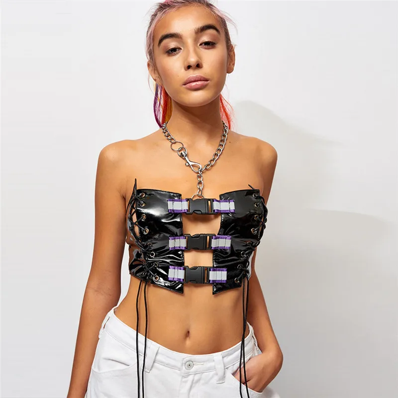

Fashion Crop Top Women Sexy Hollow Up Lace-up Short Tanks Top 2019 Reflective strip PU Skin Ladies Black Personality Vest