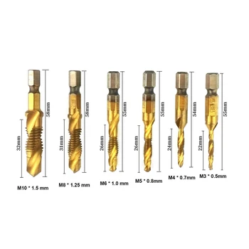 

6 Pcs Combination Drill Screw Tap Bit Set, 1/4 In Hss Hex Shank Metric Combination Drill And Tap Set (M3-M10) And Automatic Sp