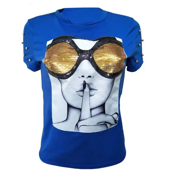 Весенние зимние футболки Топы короткий рукав блестками печати жемчуг модные, пикантные ПОЛУВЕРЫ Для женщин vestidos футболки LS6214 - Цвет: Синий