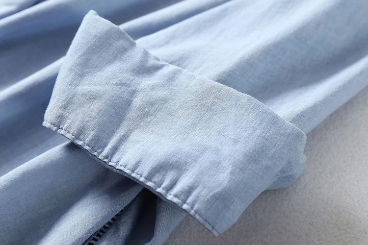 Для женщин осенняя блузка 50% хлопок 50% лен 3/4 с длинными рукавами белые блузки офис леди рубашка осень-зима светильник синий