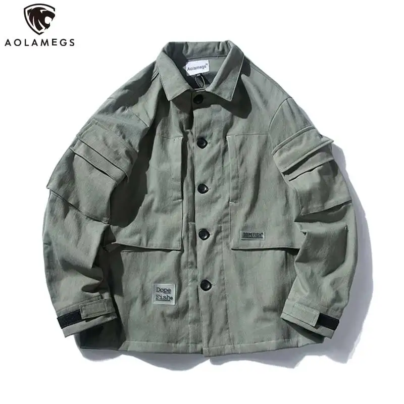 

Aolamegs Men Jacket Solid Color Cargo Jacket Windbreaker Turn-down Outwear Youth Big Pockets Loose Simple Style Jackets Coat