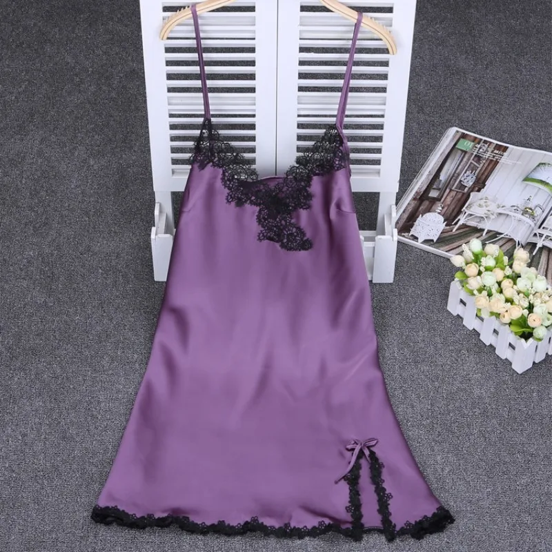 Lace Nightgown Female Sexy Woman Night Sleepwear Plus Size Sling Nightdress Summer Satin Night Gowns Ladies V-neck Nightwear 49 (3)