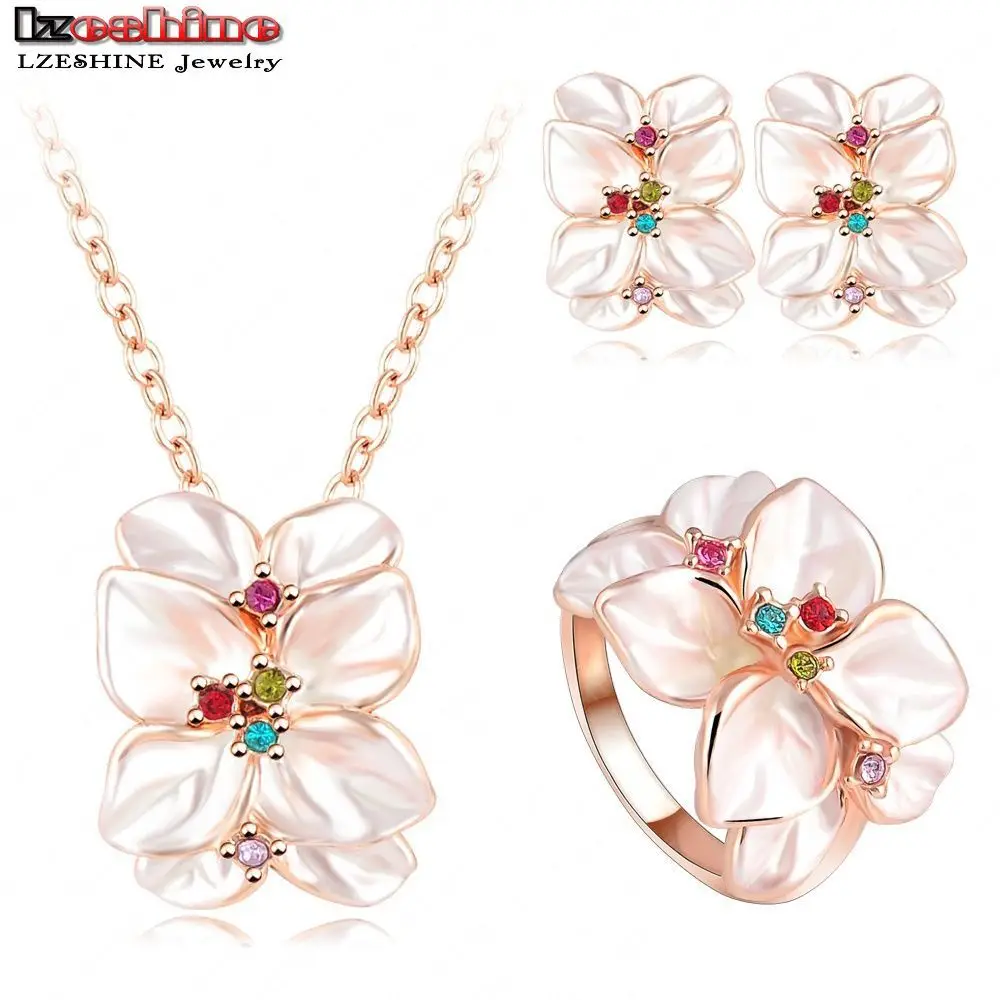 2016 Best Seller Jewelry Set Rose Gold Plate Austrian Crystal Enamel Earring/Necklace/Ring Flower Set Choose Size of Ring ST0002