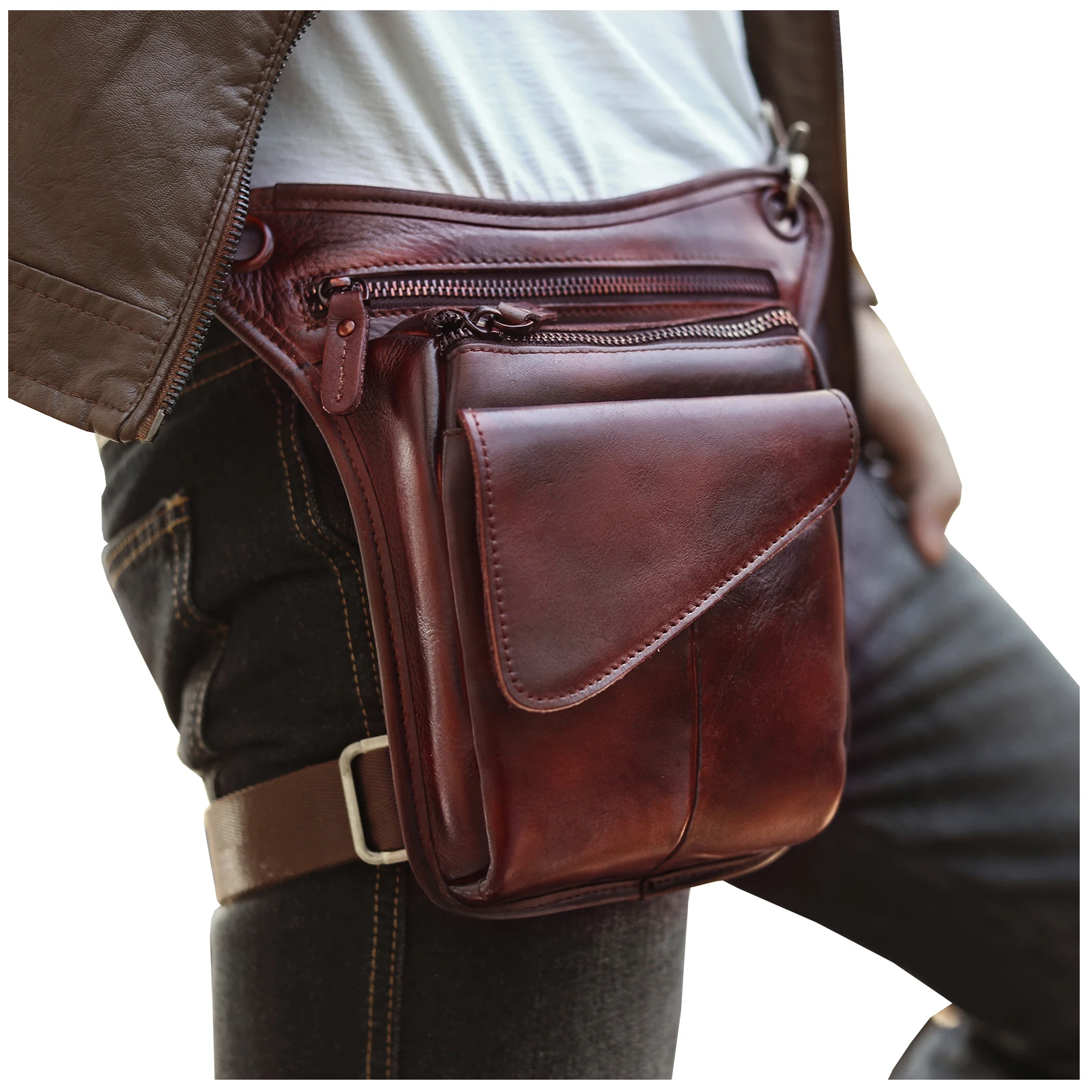 Crazy Horse Leather Belt Bag Vintage Fanny Packs Small Waist Bag black