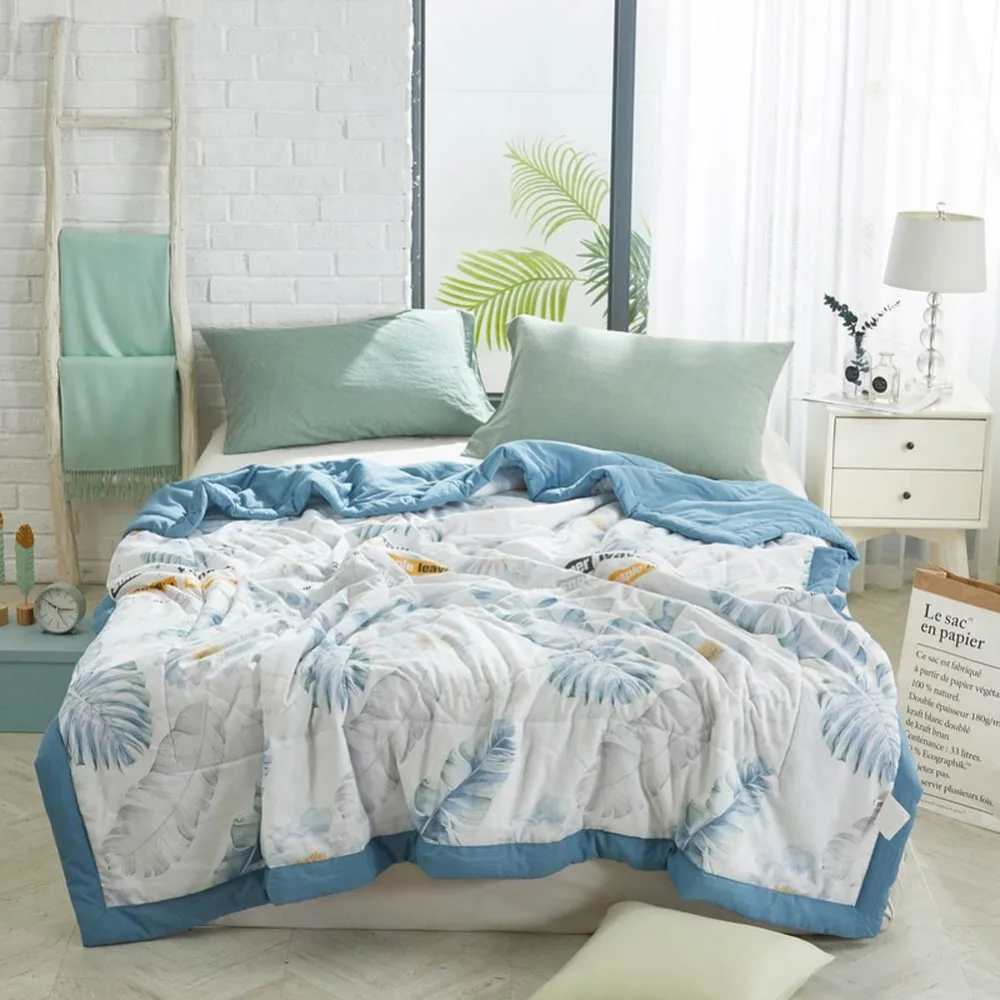 

2019 Grey Leaves Blue Stitching Comforter Summer Quilt Air-condition Wash Polyester Fabric Polyester Twin Full Queen Size