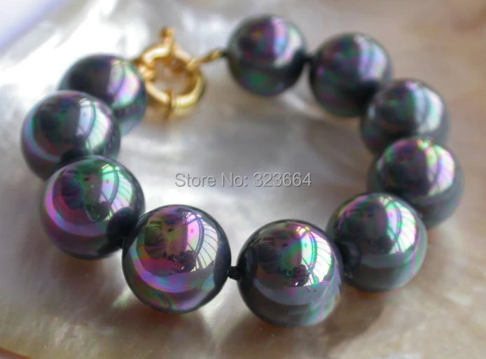 

8" 16MM PEACOCK BLACK SOUTH SEA SHELL PEARL BRACELET