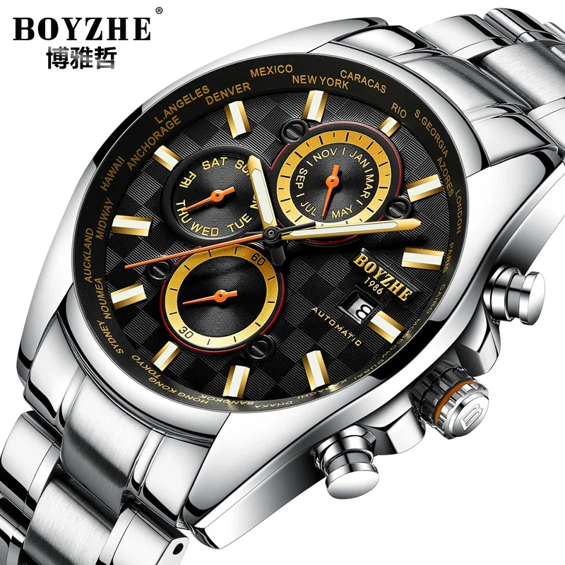 

BOYZHE brand mens wristwatches Automatic mechanical business man watches stainless steel waterproof calendar week male clocks