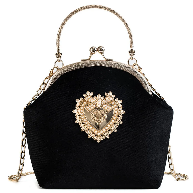 Female Velvet Pearl Handbag Vintage Velour Heart Design Evening Bag Wedding Party Bride Clutch Velour Bag Purse Female Velvet Pearl Handbag Vintage Velour Heart Design Evening Bag Wedding Party Bride Clutch Velour Bag Purse