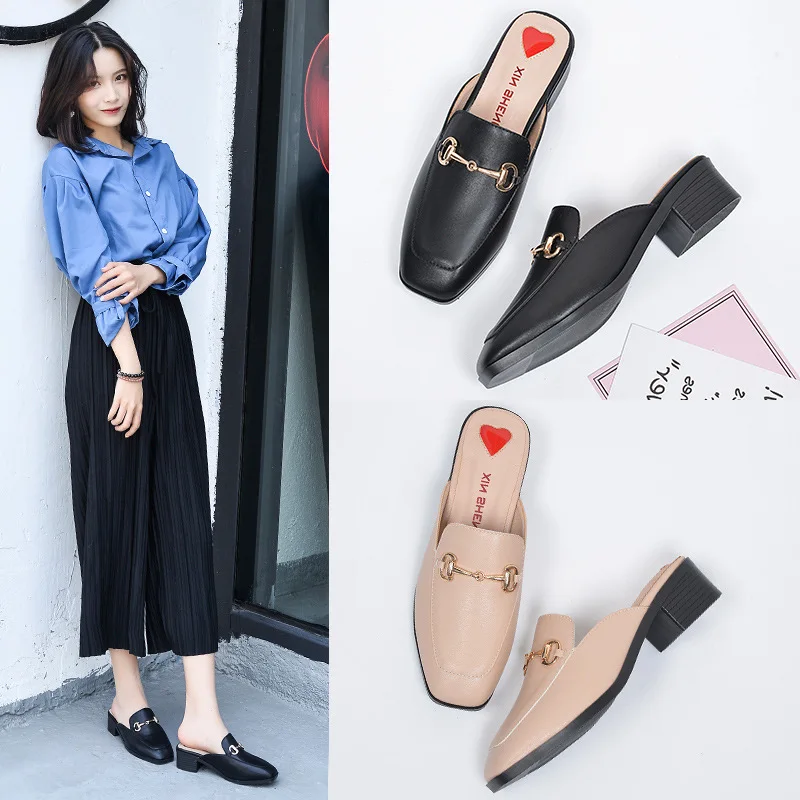 Summer Fashion Genuine Leather Mules Block Heels Shoes Woman Slipper Modis Black Casual Shoes Women Ladies Sliders Female