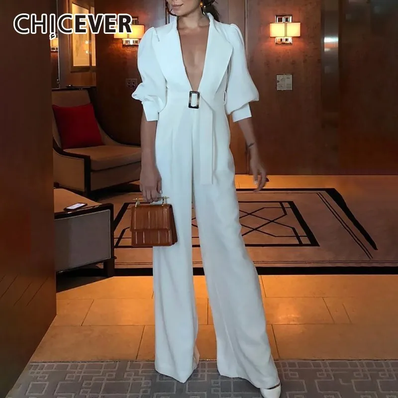 CHICEVER Summer Elegant Solid Women Jumpsuits Lapel Half Lantern Sleeve High Waist Sashes Full Length Flare Female Jumpsuit