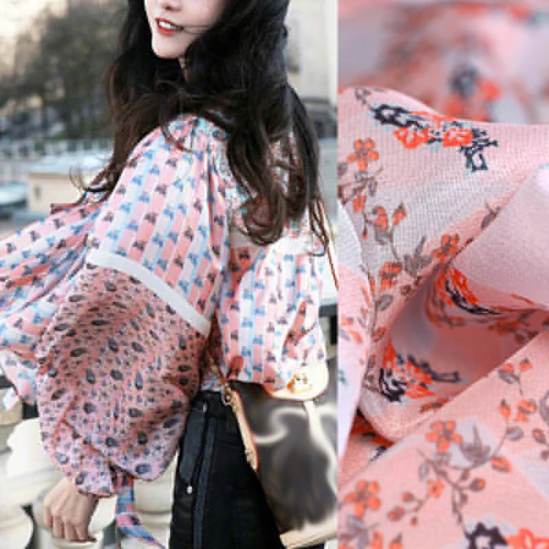 

130*173CM 16MM Print Pink Silk Crepe De Chine Fabric for Summer Dress Blouse Skirt Shirt Pants Scarf DE1025
