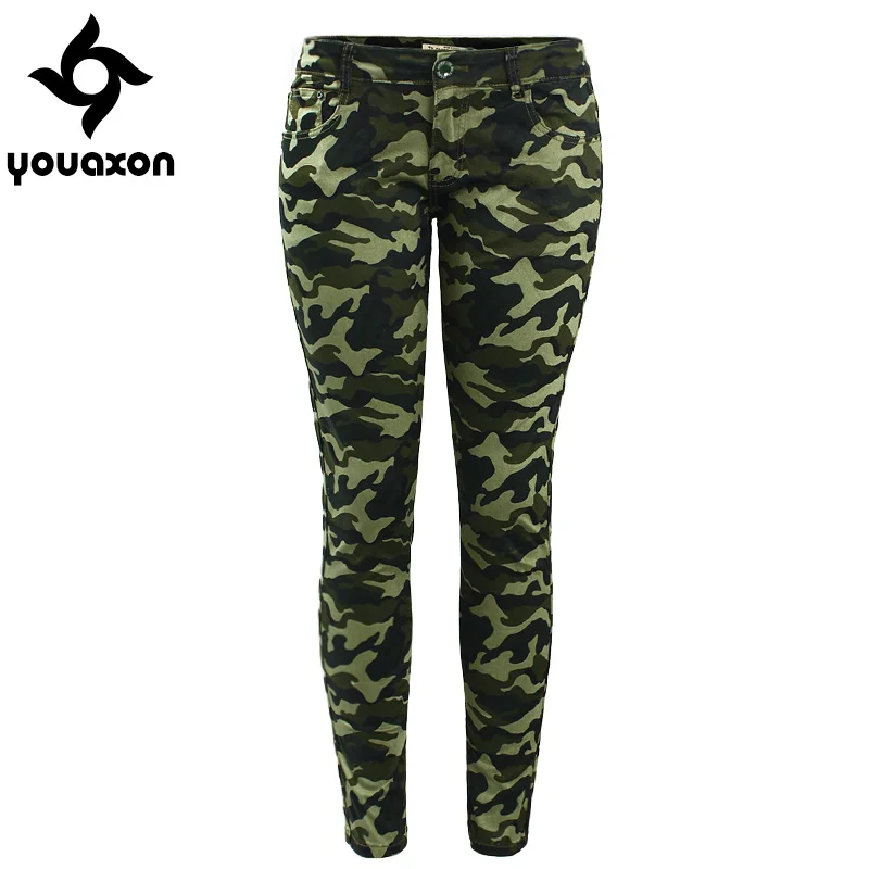 

2019 Youaxon Women`s S-XXXXXL Plus Size Chic Camo Army Green Skinny Jeans For Women Femme Camouflage Cropped Pencil Pants