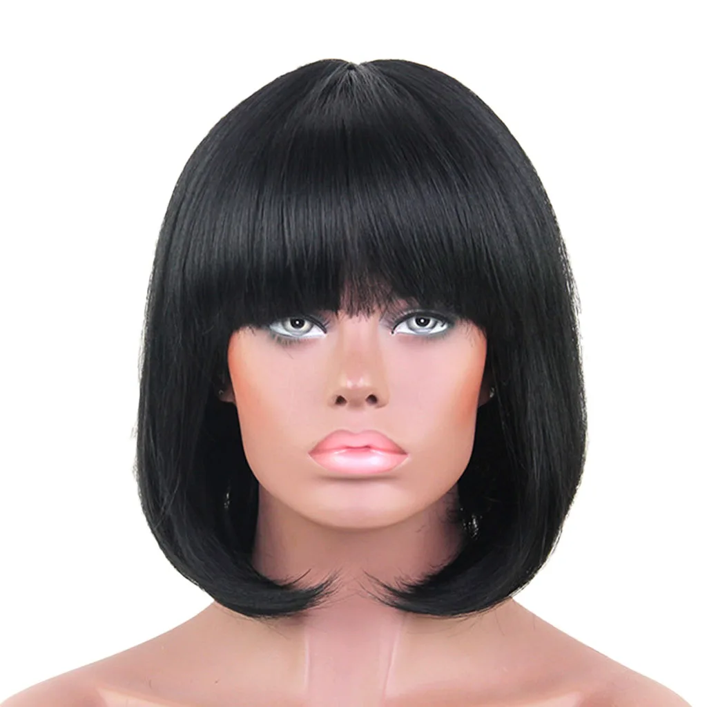 

32 cm Short Bob Hair Straight Wigs with Flat Bangs Cosplay Daily Party Wig for Women Natural Real Human Hair with Free Wig Cap