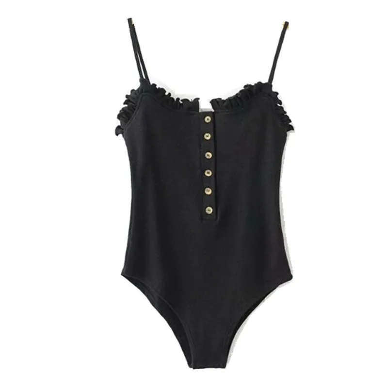 2019 Sexy Open Button Ruffles Backless Spaghetti Strap Bodysuit Woman Sling Tight Short Jumpsuit Slim fit Rompers Playsuits