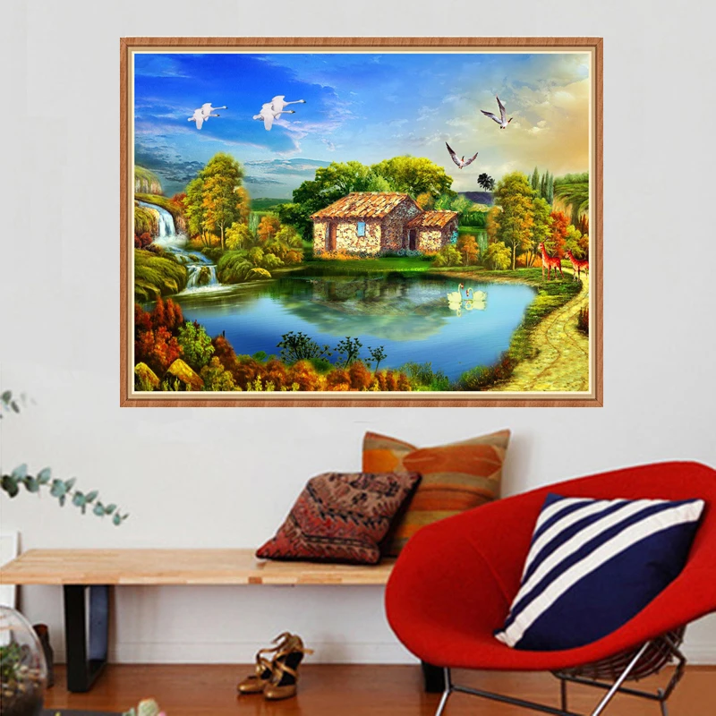 

Diy Алмазная картина, квадратная дрель, полный горный хрусталь, вышивка крестом, наклейка, картина, красивый сад, цветок, река, птицы, 40х50см