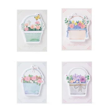 

4Pcs Basket of Flowers Paper Sticky Notes Floral Memo Pads Mini Bookmarks Office and School Supplies Children Creative Gifts