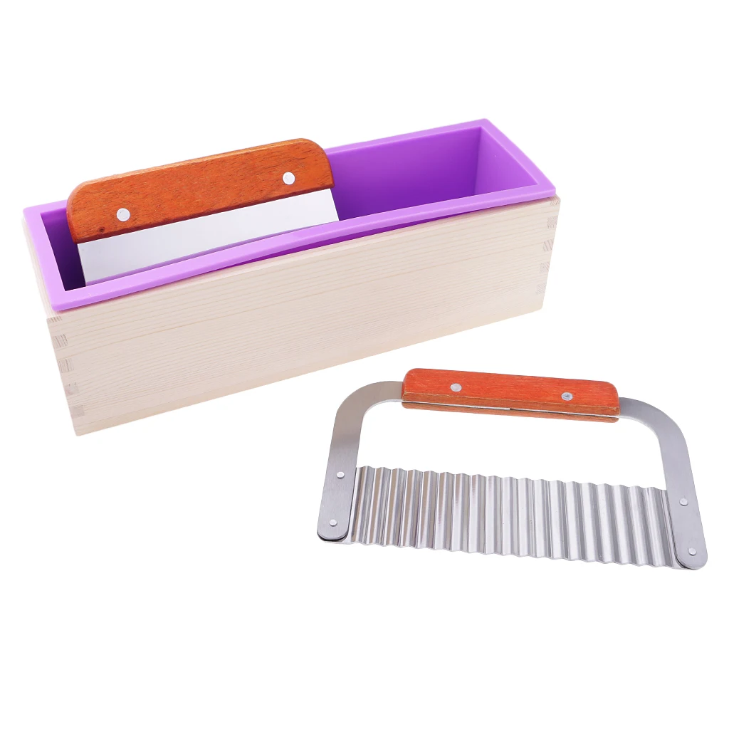 4pcs/set Multifunctional Soap Cutter Planer, Silicone Soap Mold Loaf with Wood Box, Wavy & Straight Stainless Steel Soap Cutter