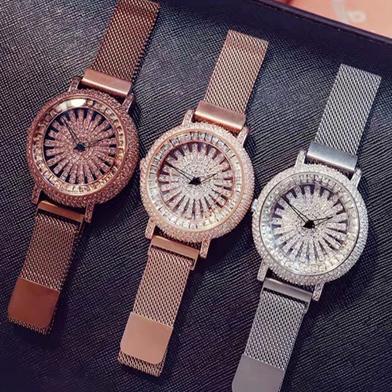 Вращение женские часы с бриллиантами люксовый бренд из нержавеющей стали розовые, золотые, женские часы montre femme relogio feminino