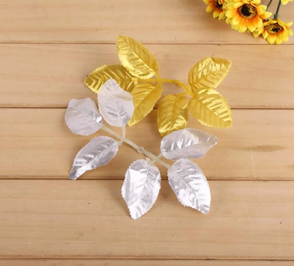 100pcs Gold/Silver Artificial Silk Rose Leaf Leaves For Bouquet Garland