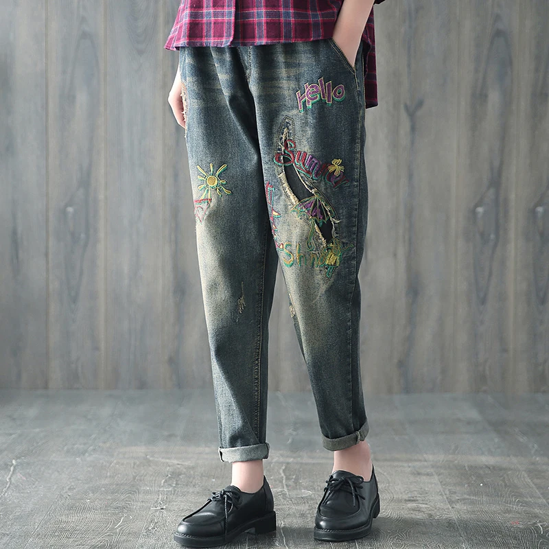

Spring Autumn Jeans For Women Mid Waist Jeans Woman Vintage Embroidery Trousers Female Washed Denim Harem Pants