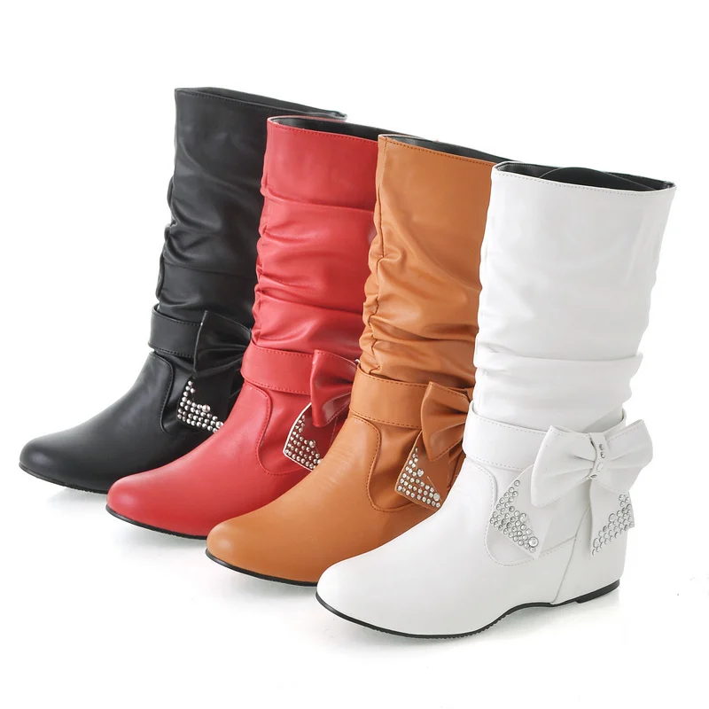 

Diamond Bowtie lovely sweet Inner Wedges Heel Student White Red Women Boots