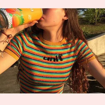 

Girls Rainbow Striped Women Knitted Crop Tops Sweater 2018 Summer Streetwear Women Knitwear Tee Shirts Sweater