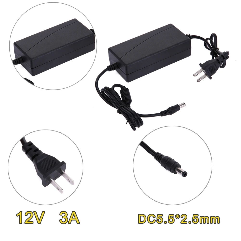 

12V 3A AC to DC Power Adapter Dual Cable Converter Universal 5.5x2.1-2.5mm AC 100V-240V Power Supply Adapter With US EU Plug