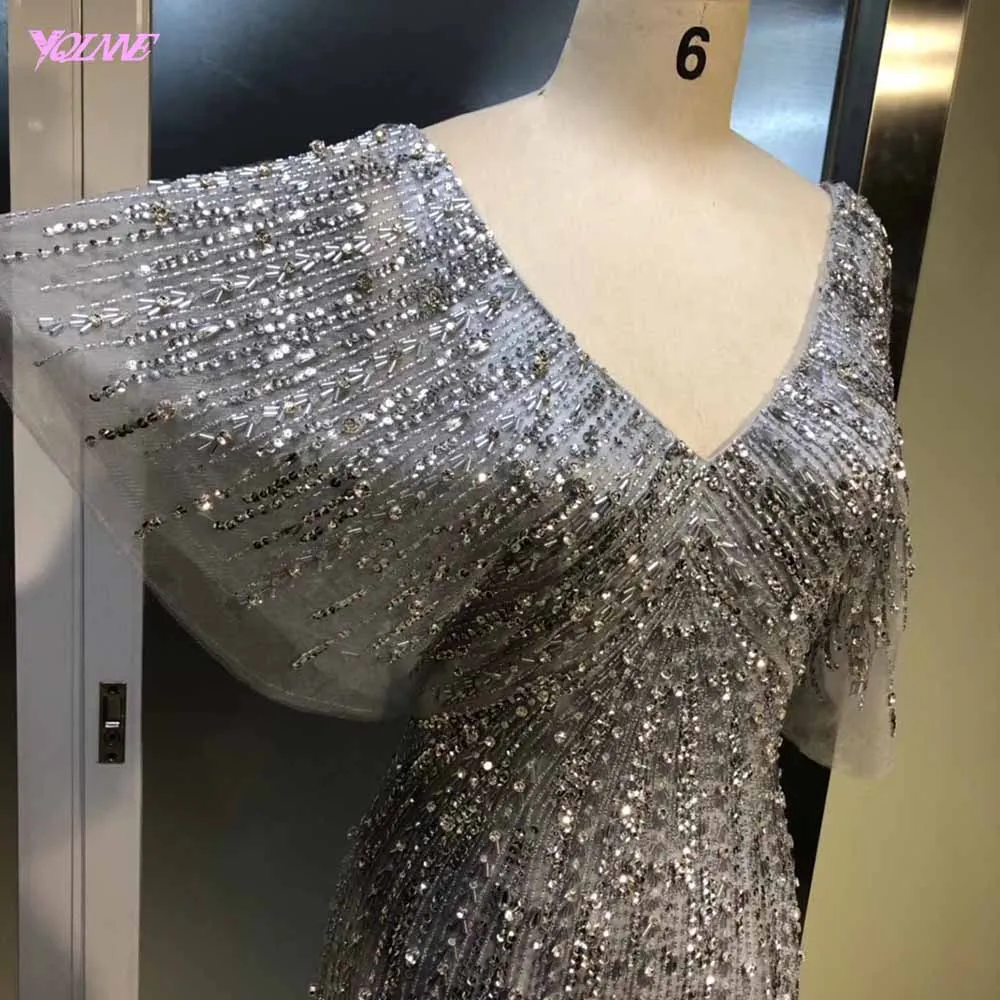YQLNNE Elegant Gold V Neck Evening Dress Long Crystals Beaded Mermaid Evening Gown Robe De Soiree
