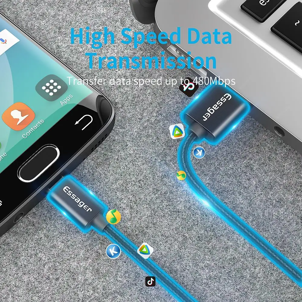 Essager المصغّر usb كابل 2.4A سريع شحن شاحن سامسونج Xiaomi سلك Microusb الروبوت بيانات سلك الحبل الهاتف المحمول كابل 2 m