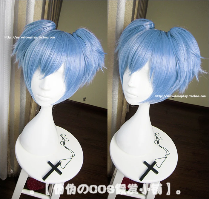 

Anime Assassination Classroom Shiota Nagisa Short Blue Ponytails Heat Resistant Hair Cosplay Costume Wig + Free Wig Cap