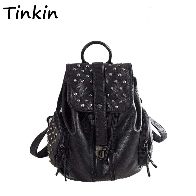 ФОТО Tinkin New Korean Soft Vintage Rivet Leather Wash Bag Shoulder Bag Student Bags Leisure Bags Women's Surge Backpack