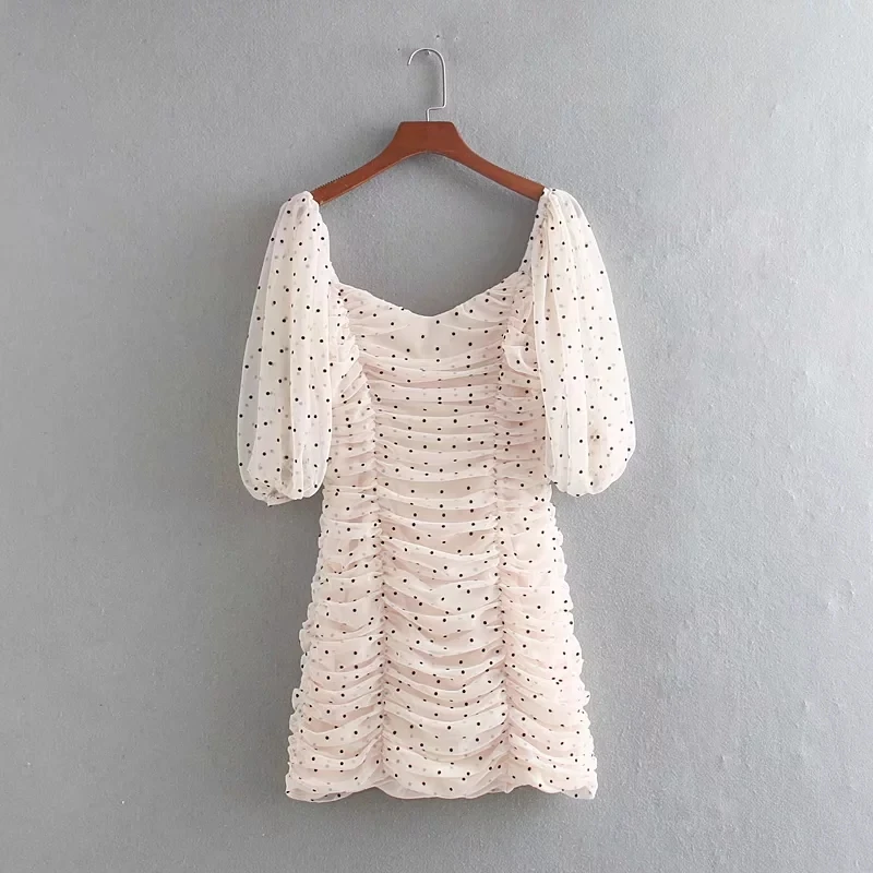 

Dot Printing Mesh Cloth Women Pleated Mini Dress Leisure Female Bishop Sleeve Dresses 2019 Summer Ladies Streetwear D3110