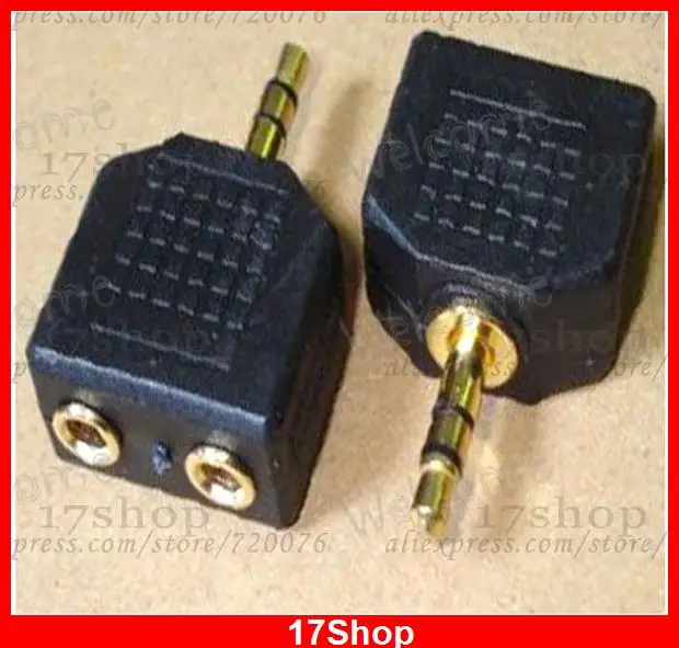 100PCS gold plated 3 5MM Male plug TO double 3 5mm Female socket for Headphones