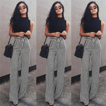 

Trendy Women clothes Loose Stretch High Waist Pants bandage casual striped Polyester Trousers one pieces