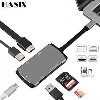 

Basix Type C HUB USB-C to 2 USB3.0 PD 4K HDMI HD Video SD/TF Card Reader hub Adapter for MacBook Pro Samsung Galaxy S8 USB c hub