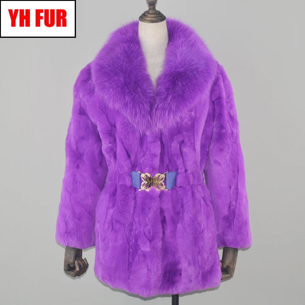 

Real Rex Rabbit Fur Coat Long Style Women 100% Genuine Rex Rabbit Fur Jacket With Big Fox Fur Collar Rex Rabbit Fur Overcoat