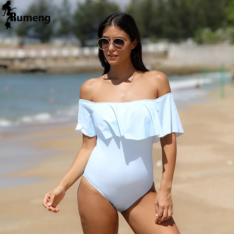 

RUMENG Sexy Women Bikini Sets One Piece Design Solid Color Push Up Padded Summer Beach Lotus leaf edge swimwear