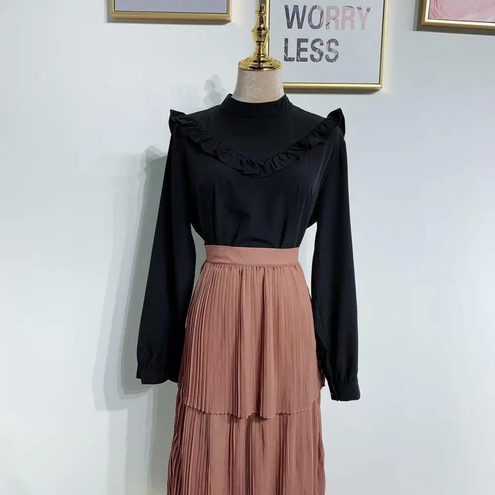 Fashion Women's Pleated Tulle Skirt High Waist Bodycon Long Women's Modest Muslim Bottoms Long Midi Skirts Party Ramadan Islamic