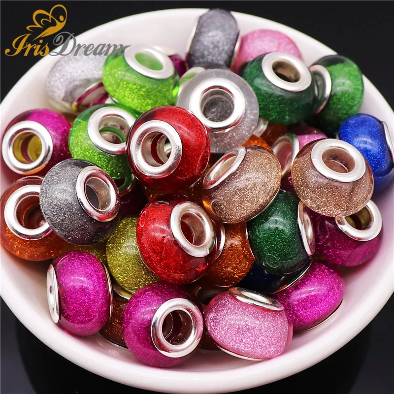 

50Pcs New Glossy Surface Rondelle Glitter Large Hole Spacer Beads fit Pandora Bracelet Charms European Beads for Jewelry Making