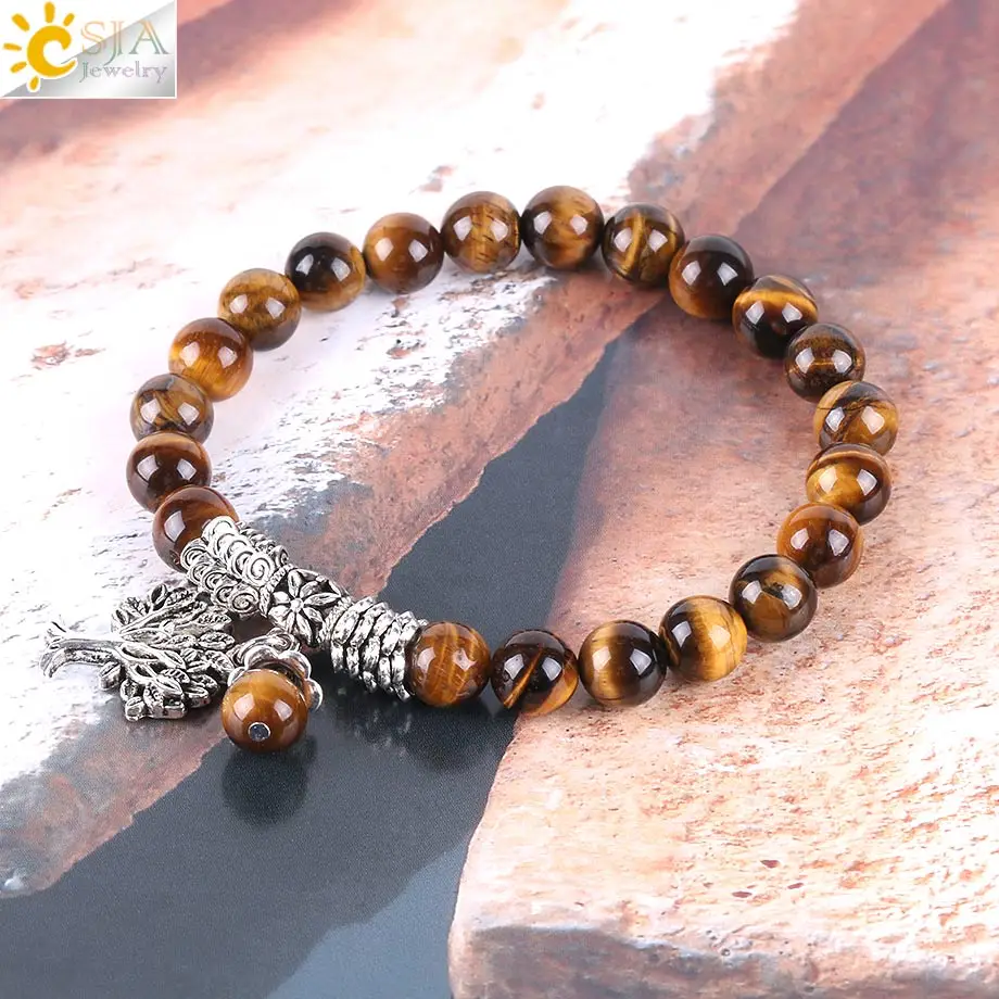 CSJA Natural Tiger Eye Lucky Gem Stone Tree of Life Bracelets 2017 Rosary Reiki Healing Energy Mala Yoga Beads Men Jewelry E725 2