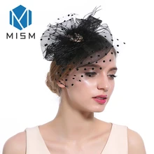 M MISM Женские аксессуары для волос, Клубная повязка для волос, головной убор, Коктейльная шляпа, заколки для волос, вечерние, женские, сетчатые, с вуалью, с перьями