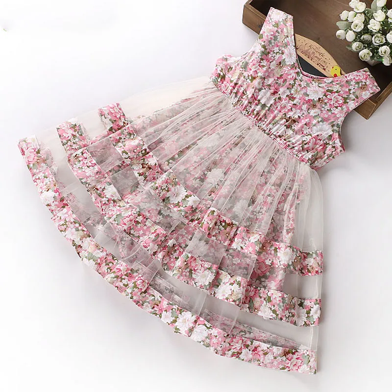 

2018 Summer Children Dresses For Girls V Neck Floral Print Kids Dresses Sleeveless Knee-Length Sundress Princess Dress