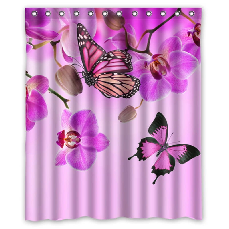 Pink Orchid Butterflies Custom Unique Design Curtain Fabric Bathroom Waterproof Shower Curtains