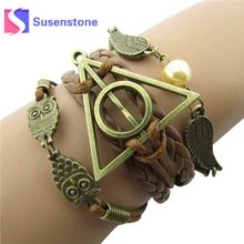 Горячий Многослойный кожаный плетеный браслет Deathly Hallows Сова крылья браслет ювелирный браслет универсальная Pulsera коричневый оптом